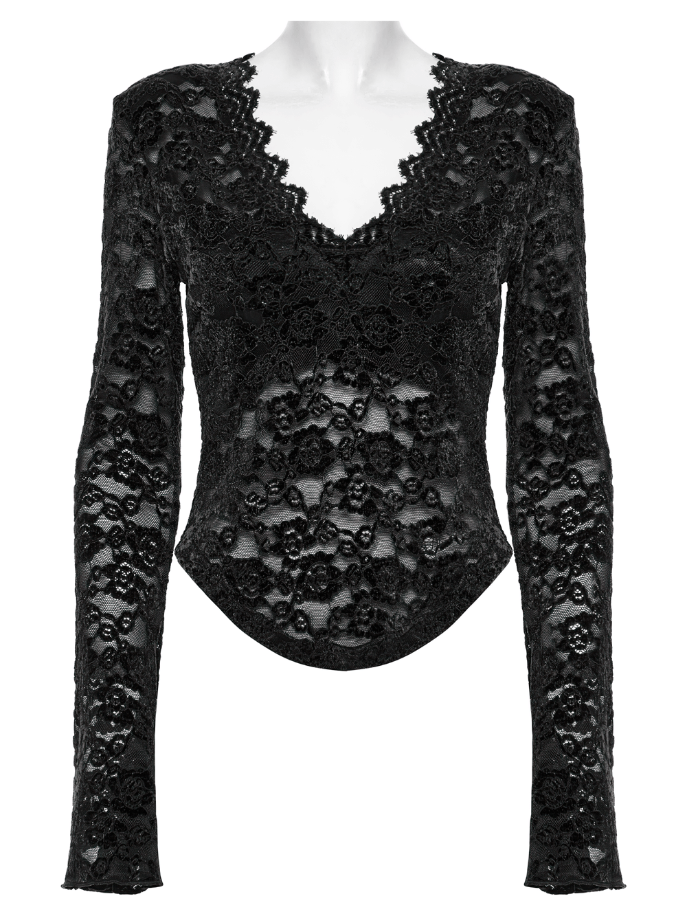 Elegant black gothic lace long sleeve V-neck top with U-shaped hem for a chic layered look.