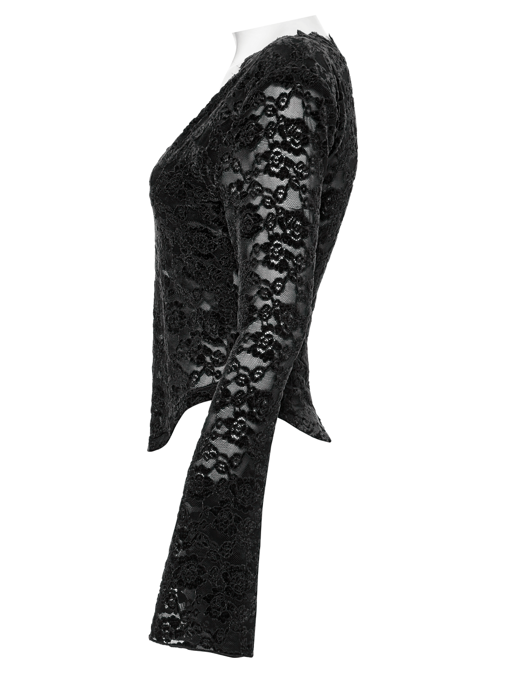 Elegant black gothic lace long sleeve V-neck top with a U-shaped hem, perfect for dark romantic styles.