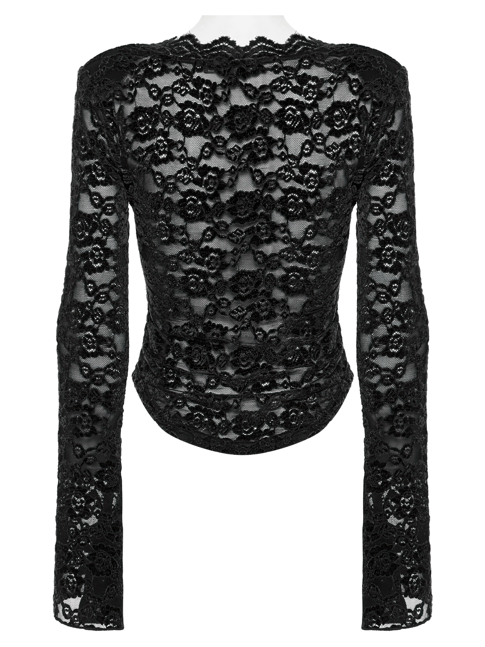 Elegant black gothic lace long sleeve V-neck top with U-shaped hem, showcasing intricate lace details.