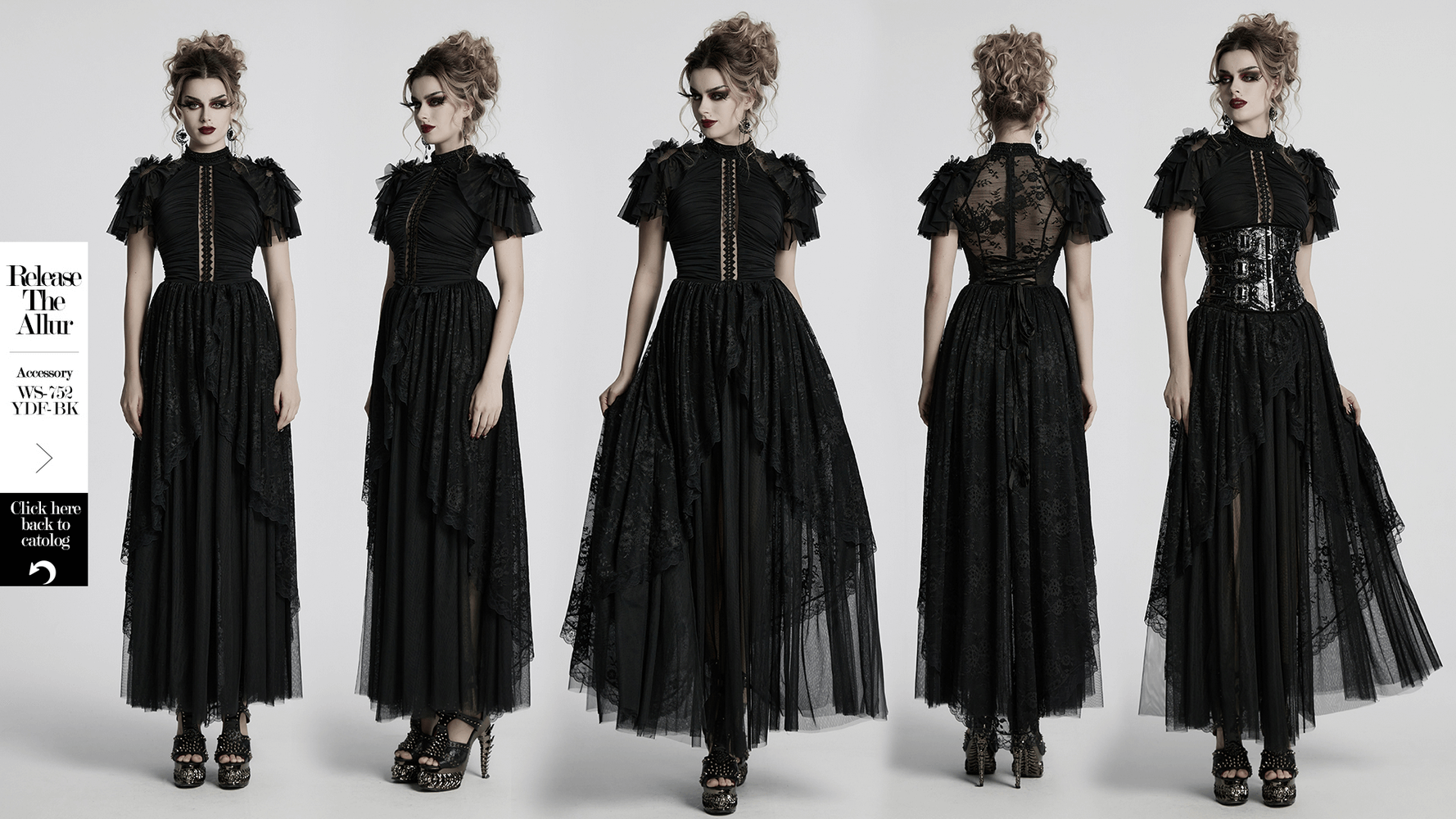 Elegant black gothic lace maxi dress featuring ruffle sleeves and sheer back for a dark romantic style.