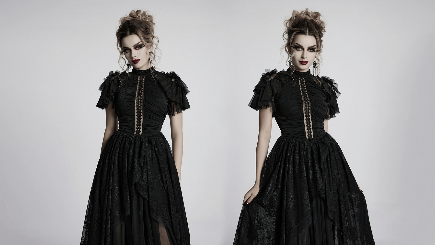 Elegant black gothic lace maxi dress with ruffle sleeves and beaded neckline, perfect for dark romance looks.