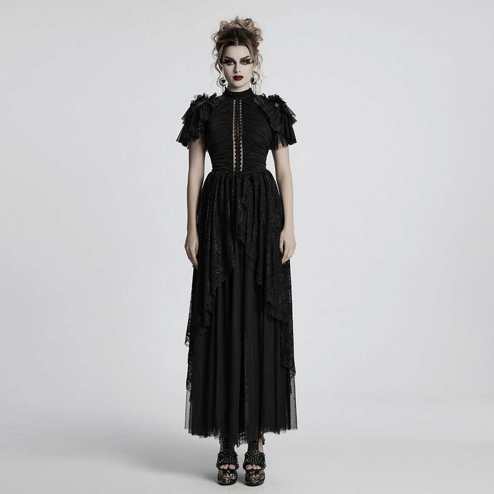 Elegant black gothic lace maxi dress with sheer back and ruffle sleeves for dark romance style.