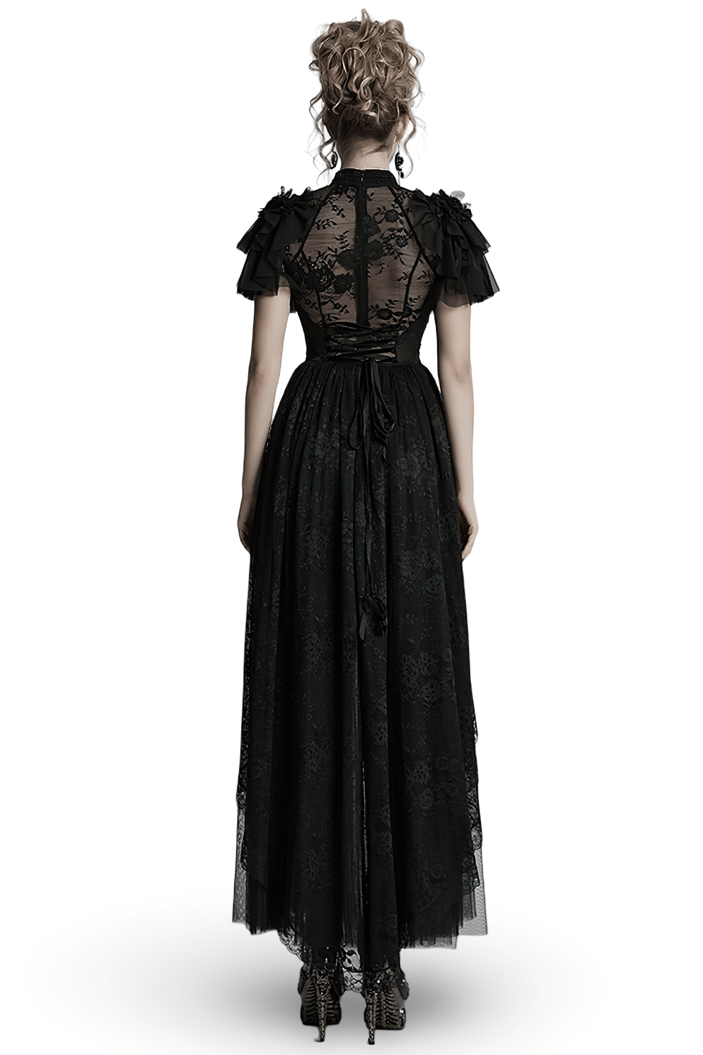 Elegant black gothic lace maxi dress showcasing sheer back and layered ruffle sleeves on a model.