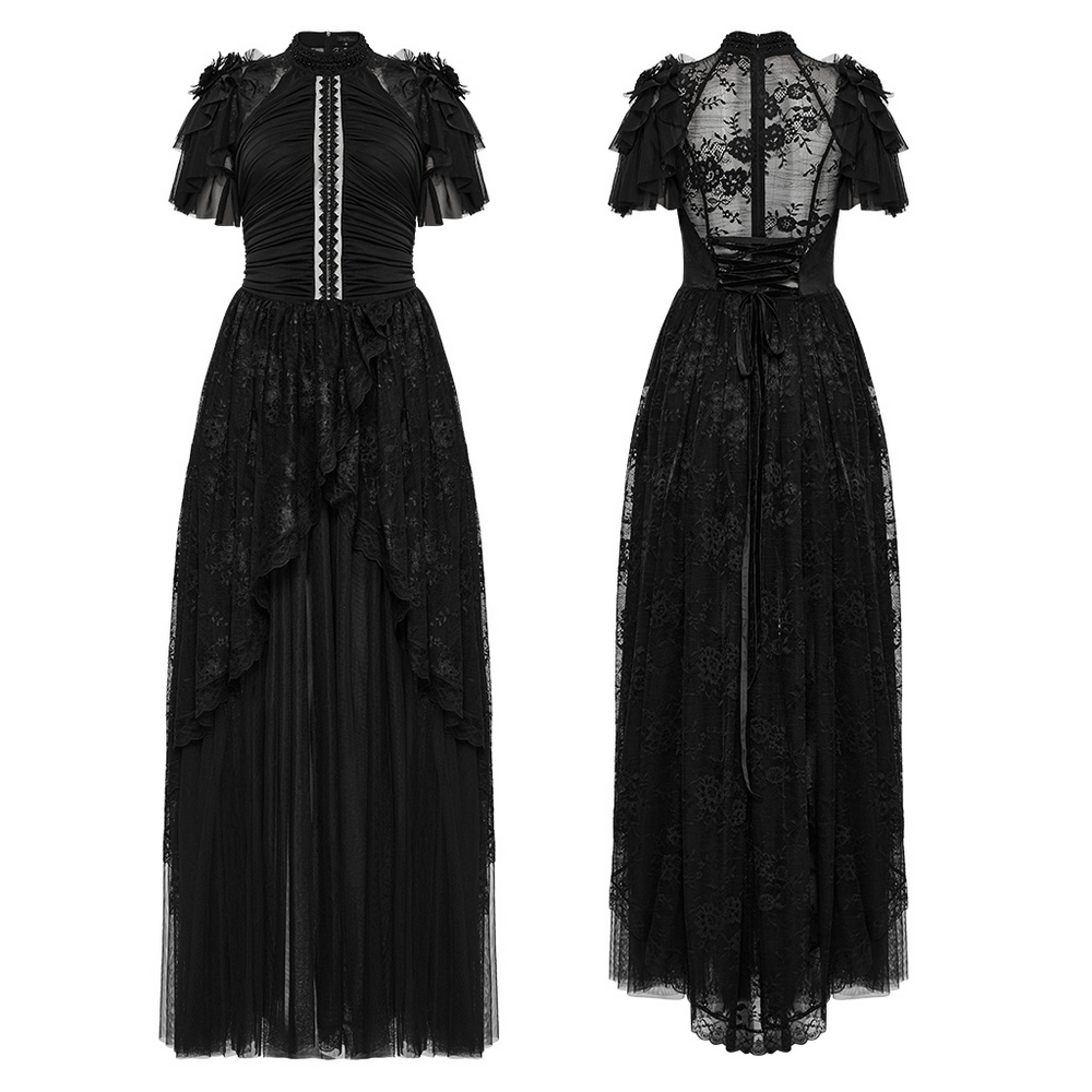 Elegant black gothic lace maxi dress with sheer back, ruffle sleeves, and beaded neckline.