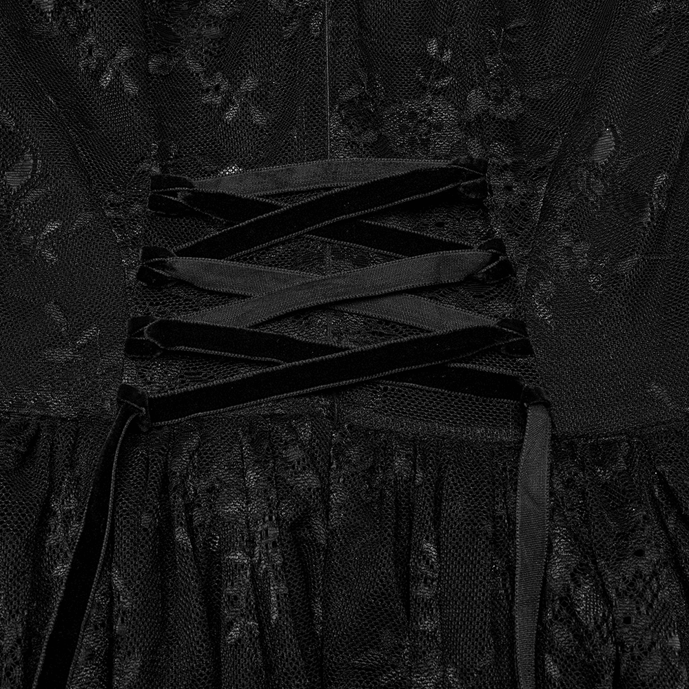 Elegant black lace dress back detail with velvet lacing and intricate sheer fabric for gothic style.