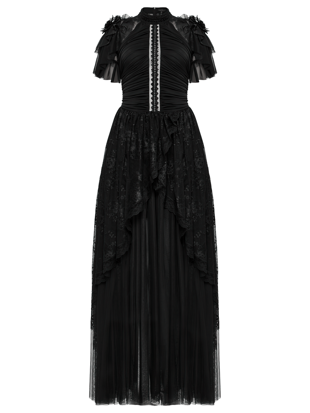 Elegant black gothic lace maxi dress with ruffled sleeves and sheer back, adorned with bead embroidery and pleats.