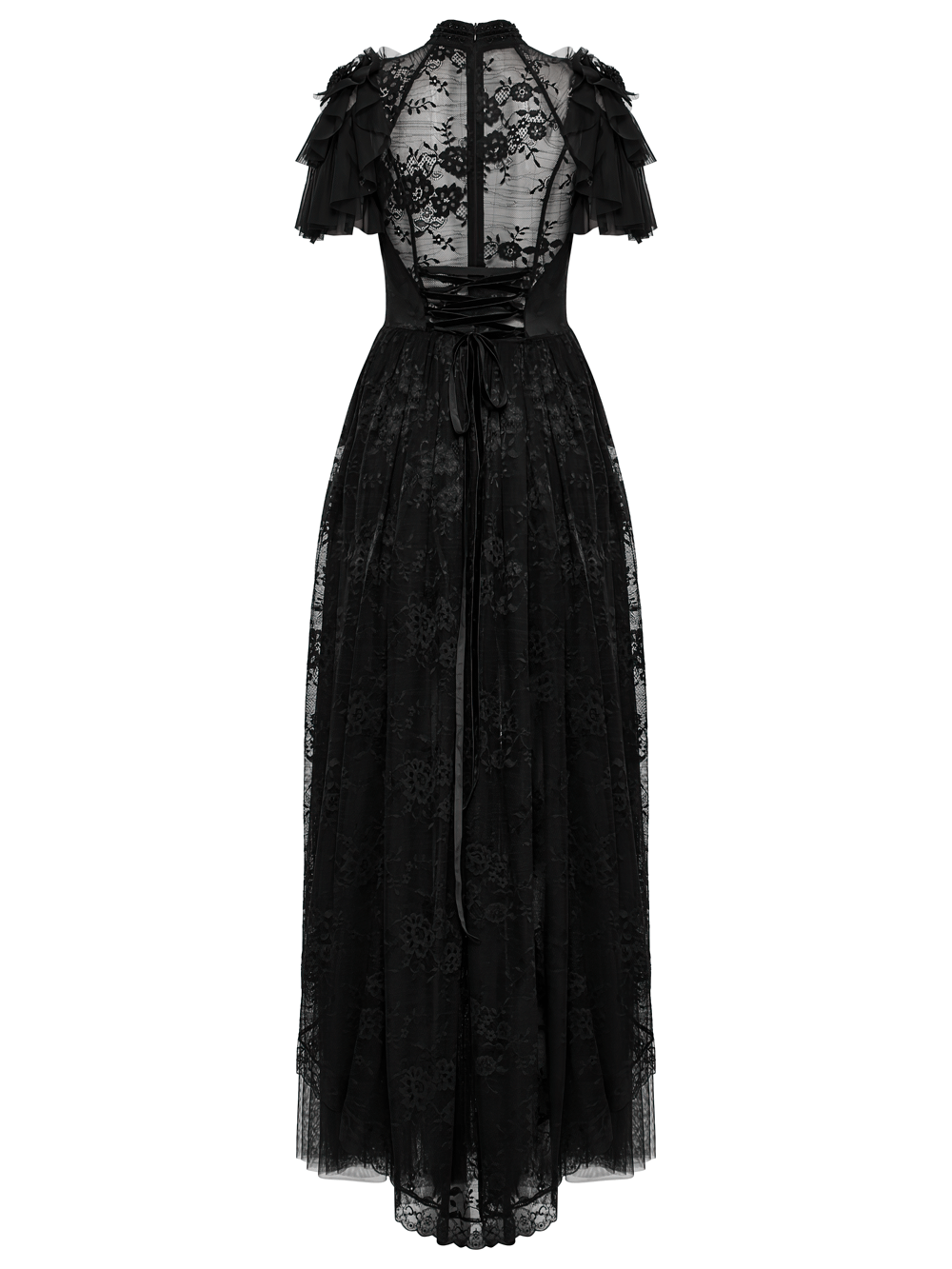 Elegant black gothic lace maxi dress with sheer back and ruffle sleeves, perfect for dark romance outfits.