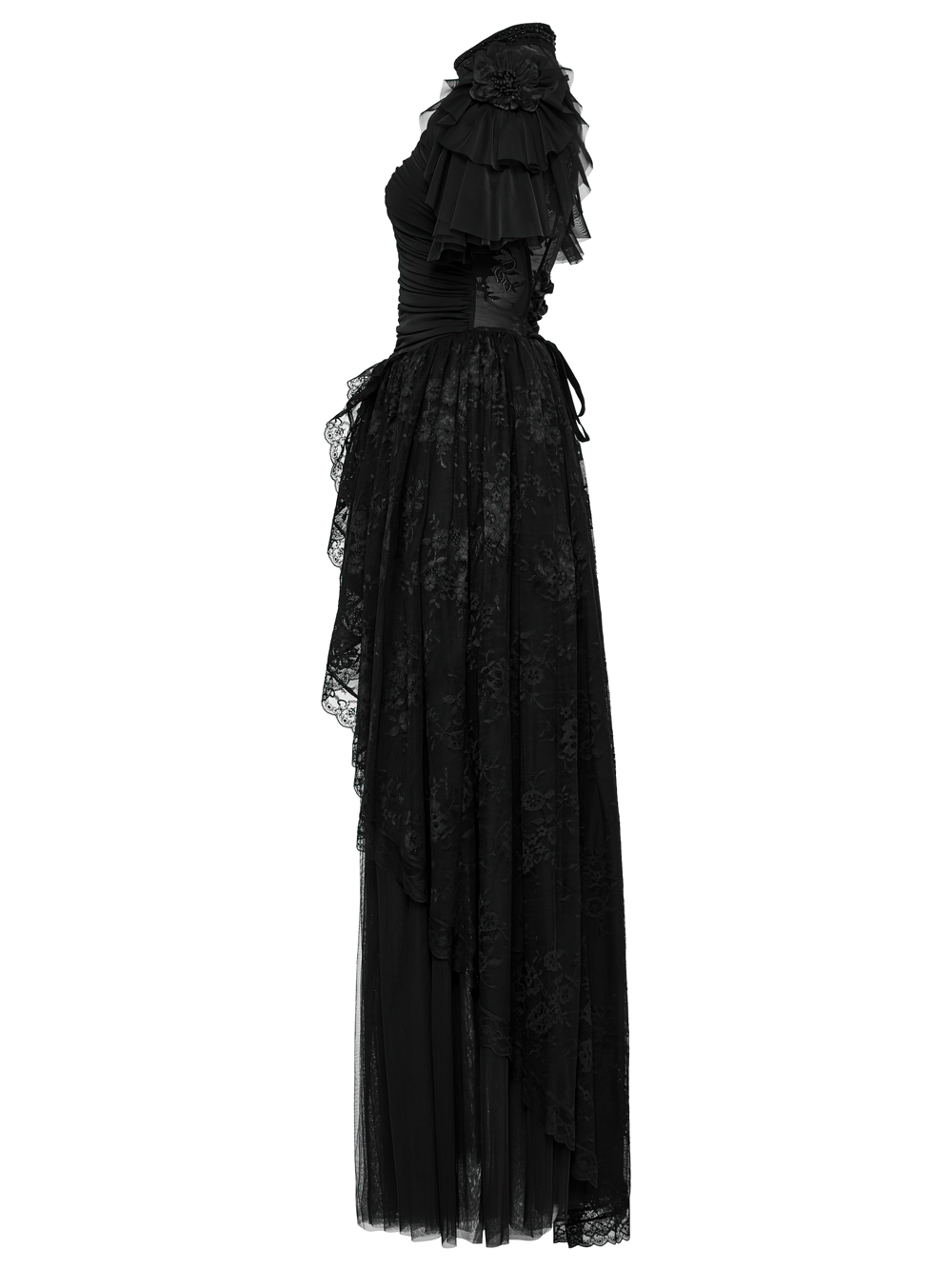 Elegant black gothic lace maxi dress with ruffle sleeves and sheer back, perfect for dark romance lovers.