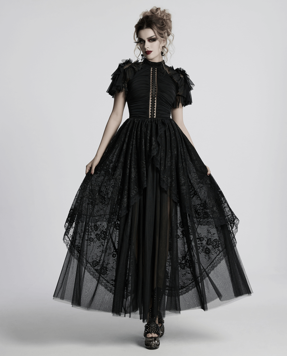 Elegant black gothic lace maxi dress with sheer back and ruffle sleeves, perfect for dark romance style.