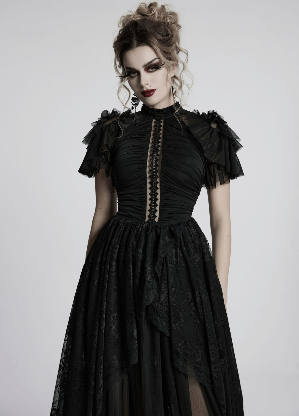 Elegant black gothic lace maxi dress with ruffled sleeves and bead embroidery for a dramatic look.