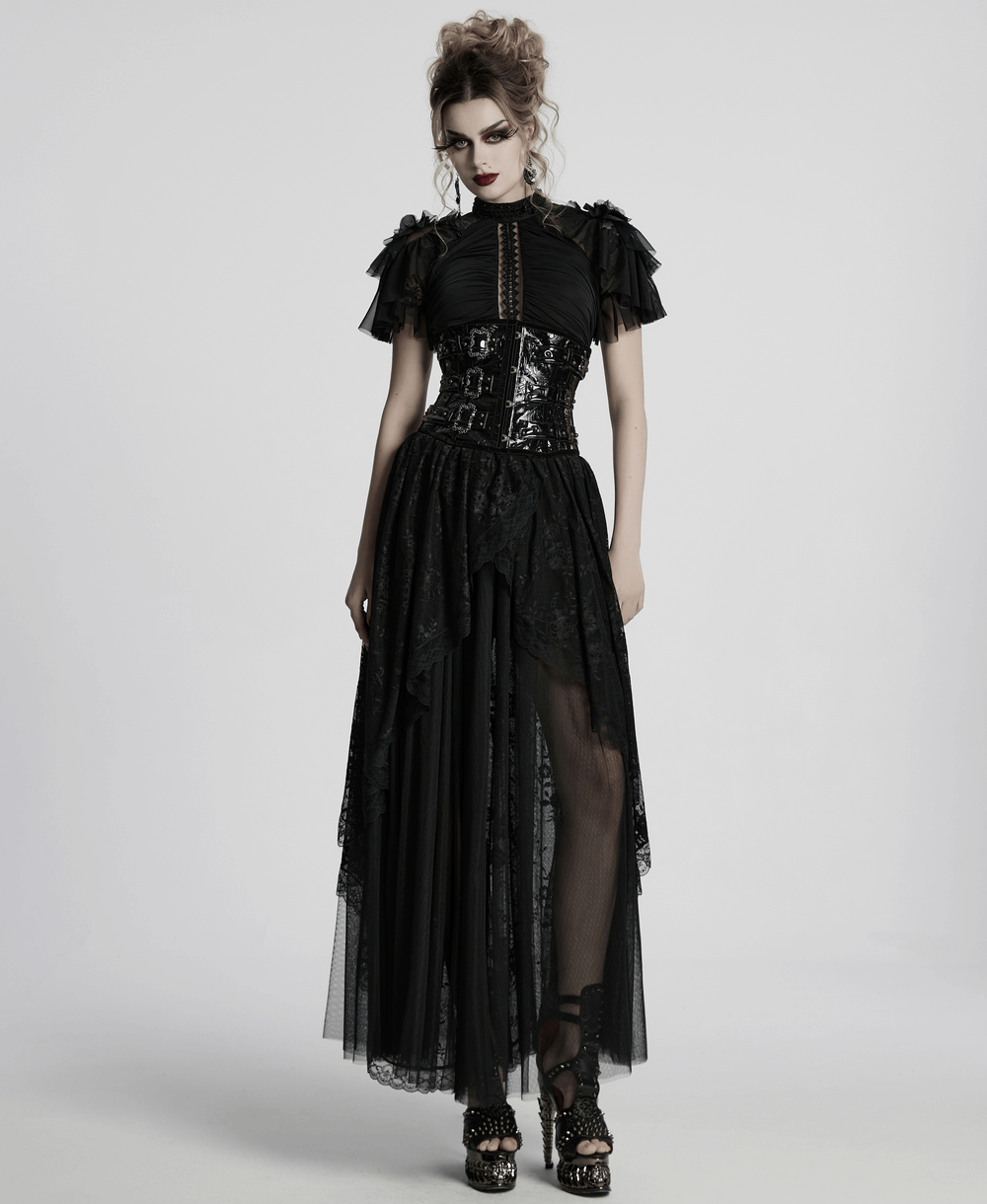 Elegant black gothic lace maxi dress with sheer back and ruffles, featuring beaded neckline and layered sleeves.