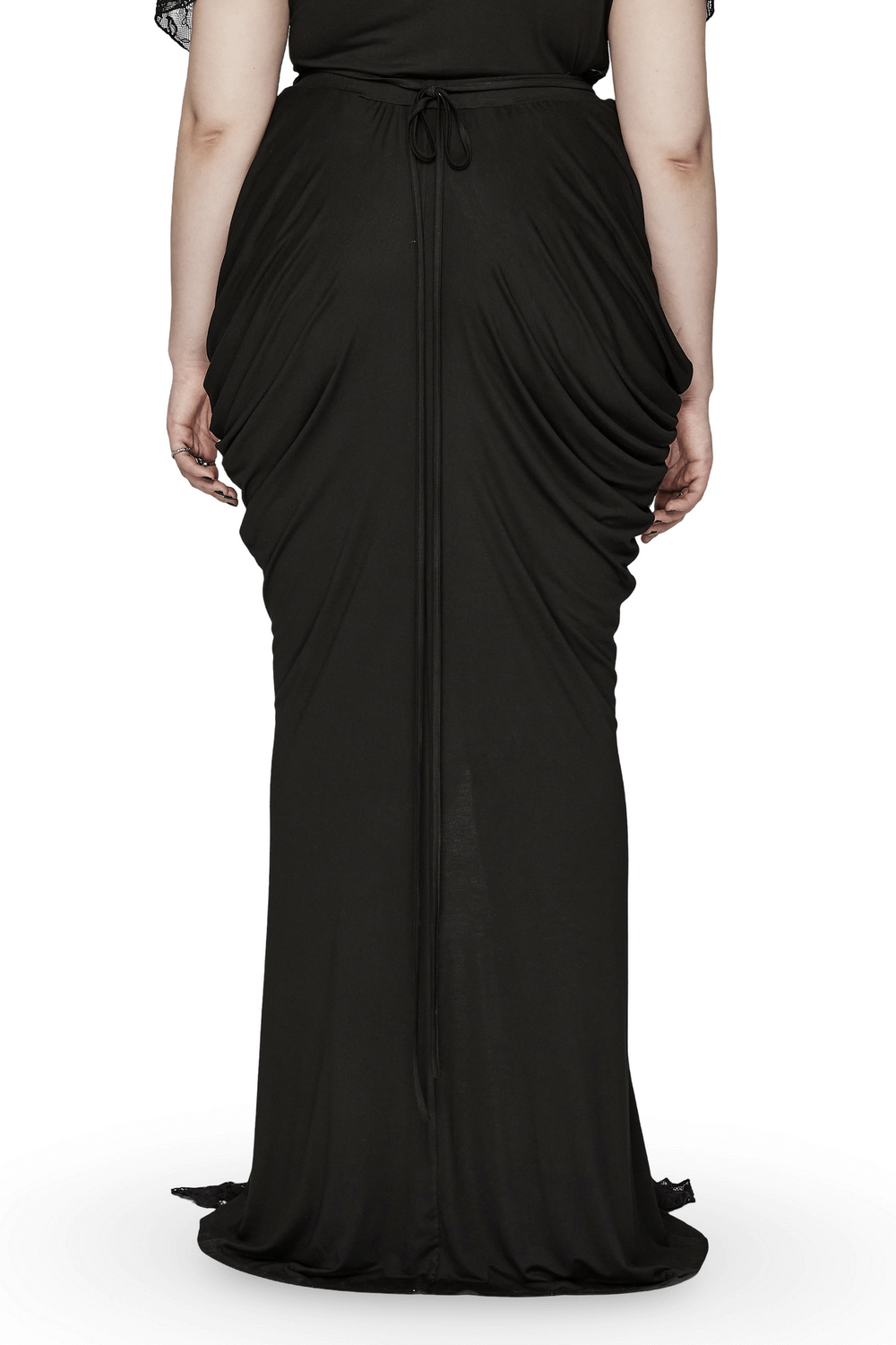 Back view of elegant black gothic long skirt with pleated design and graceful draping.