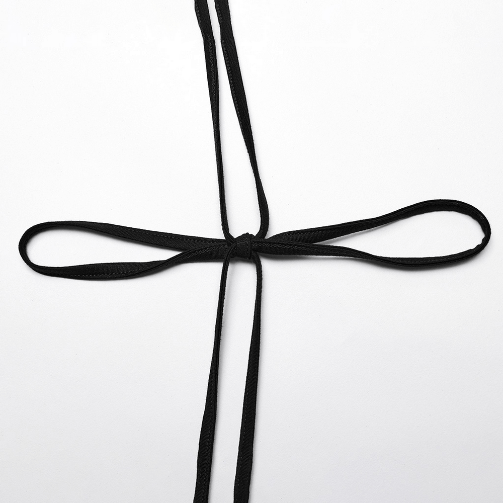 Black ribbon ties crafted in a cross pattern, perfect for elegant gothic fashion accents.