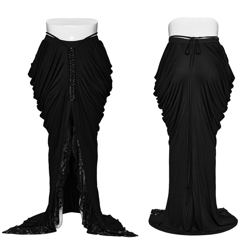 Elegant black gothic long skirt showcasing pleated design and lace details, perfect for a chic gothic look.