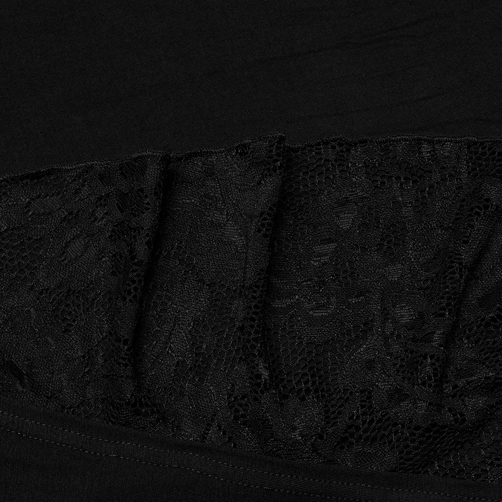 Close-up of elegant black gothic long skirt featuring intricate lace detail and smooth elastic fabric.