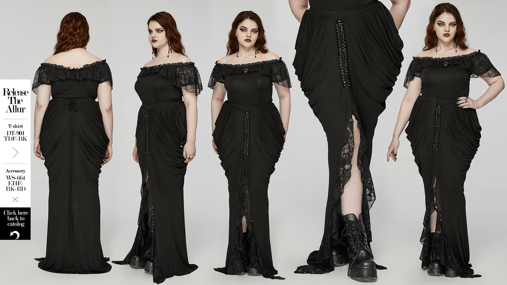 Elegant black gothic long skirt with lace detail, pleated design, and chains for a unique look.