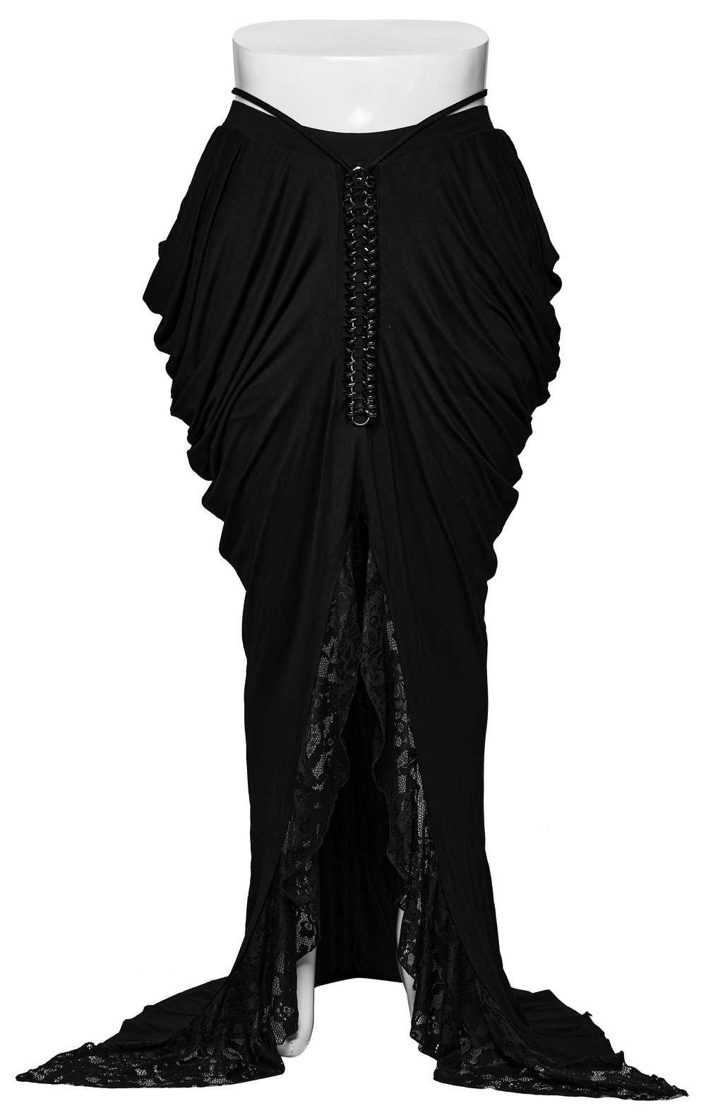 Elegant black gothic long skirt with lace detail, pleated design and chains for a striking silhouette.