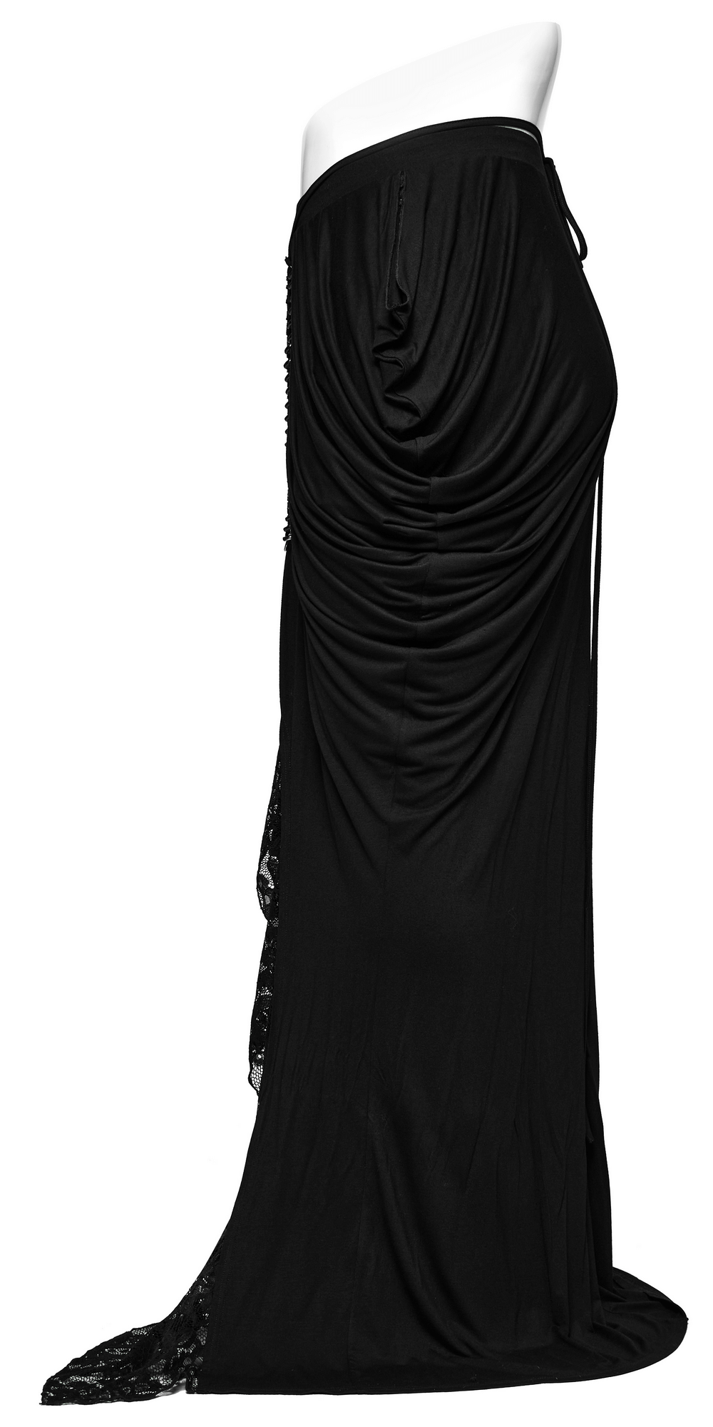 Elegant black gothic long skirt with lace detail and pleats, showcasing a slim fit and unique design from the side.
