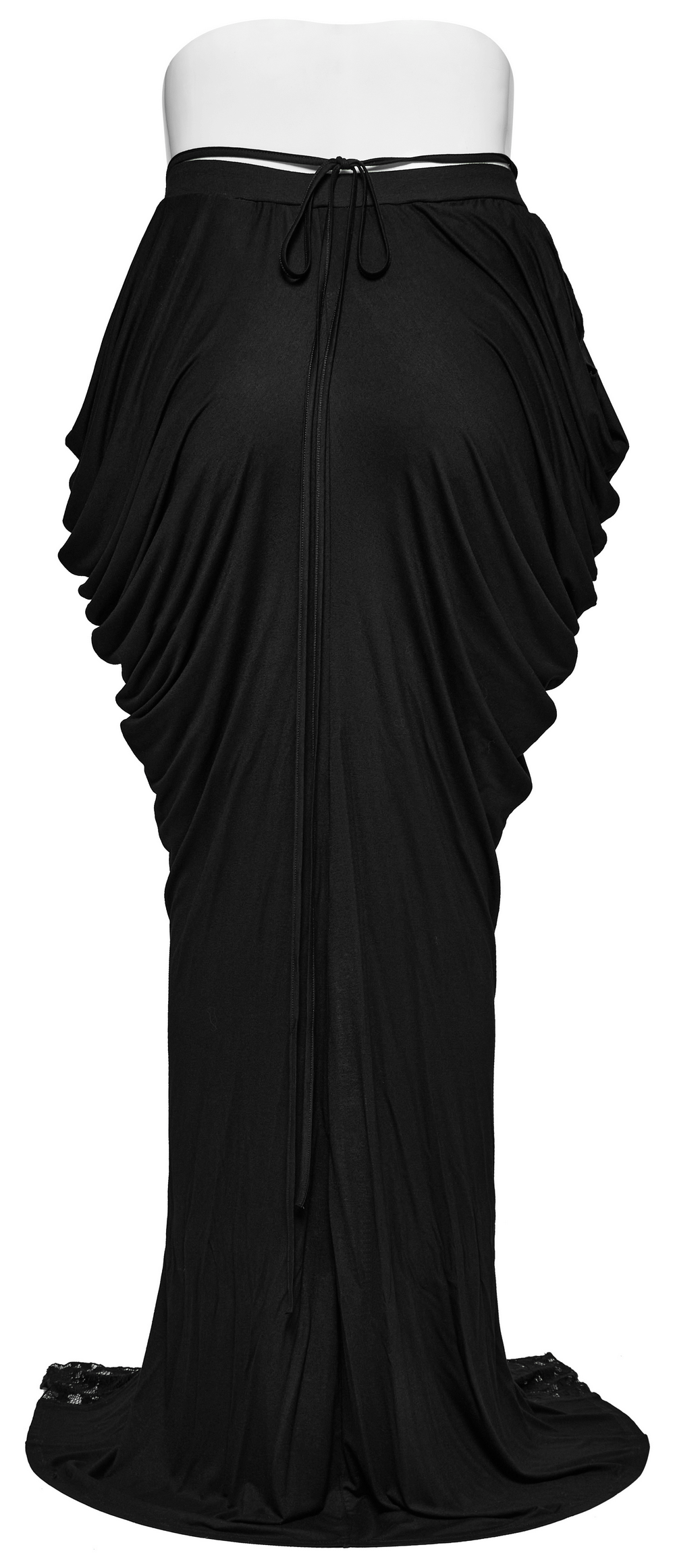 Elegant black gothic long skirt with pleats and lace detail, featuring a unique hip wrap design and flowing silhouette.