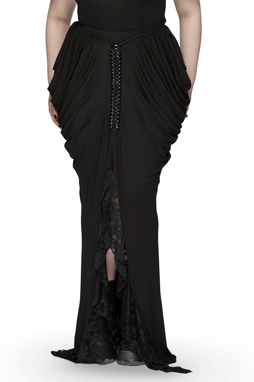 Elegant black gothic long skirt with pleats and lace detail, featuring a stylish front slit and woven iron chains.