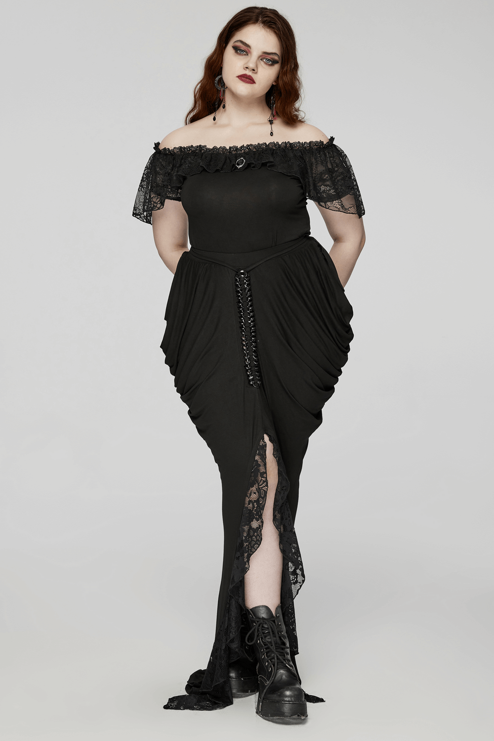 Elegant black gothic long skirt with lace detail, featuring pleats and unique chains for a stylish silhouette.