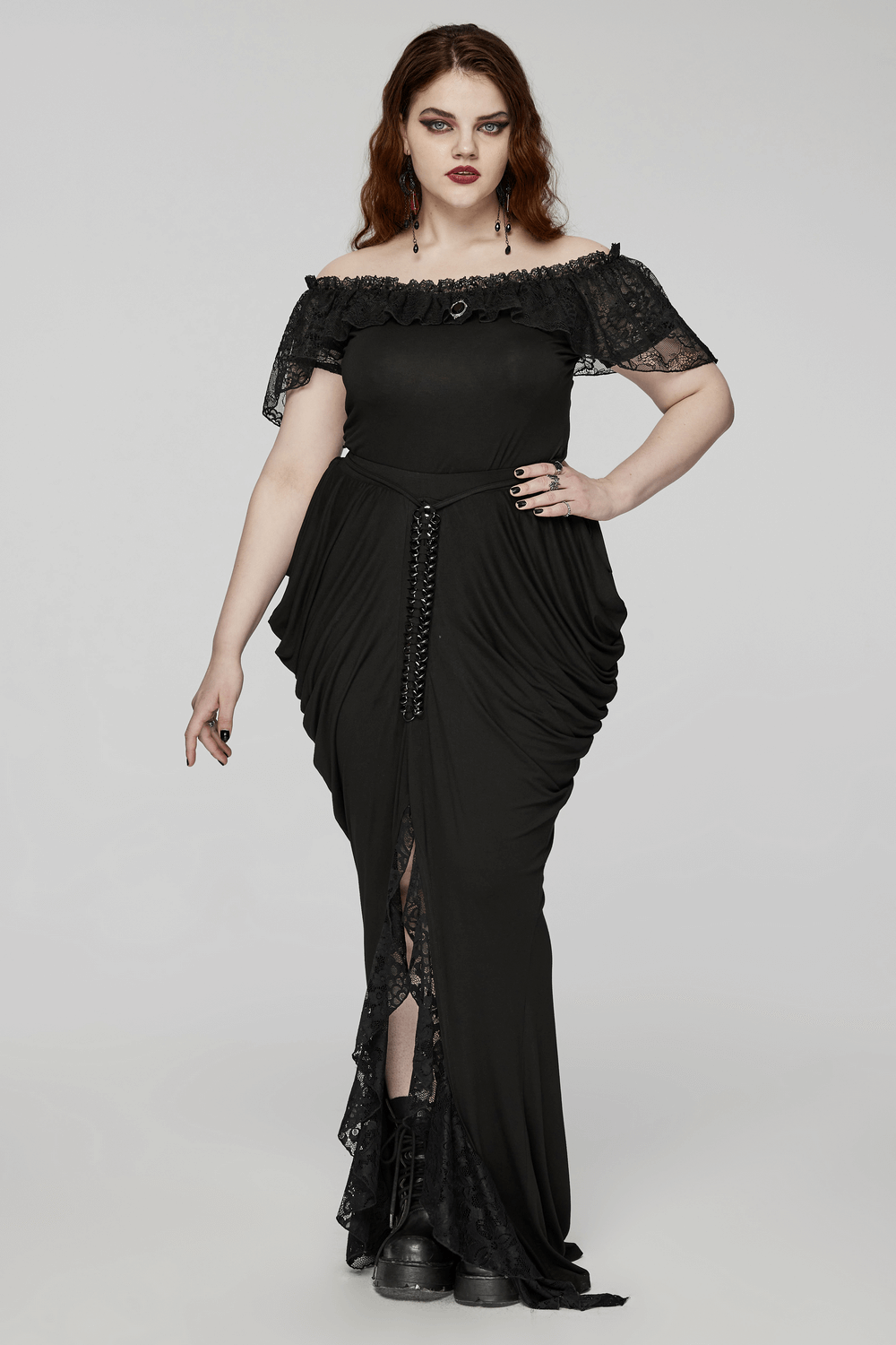 Elegant black off-shoulder gothic long skirt with lace, pleats, and chains for a striking silhouette.