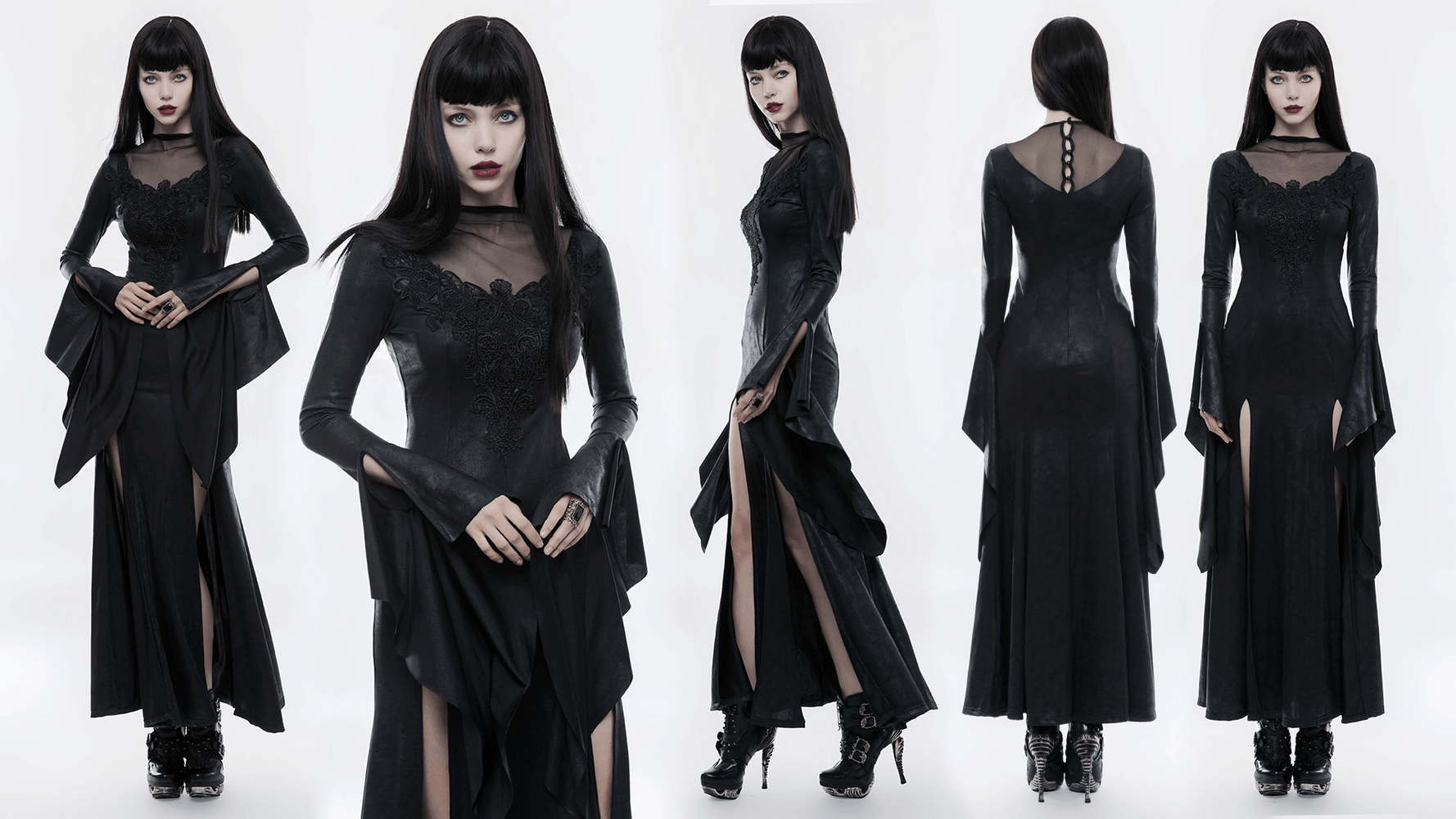 Elegant black gothic mesh lace witch dress with high slit, showcasing intricate lace decals and dramatic silhouette.