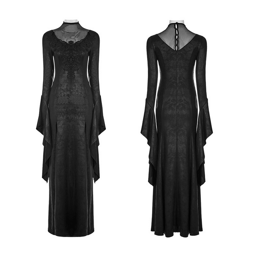 Elegant black gothic mesh lace dress with high slit and flowing sleeves for magical vibes.