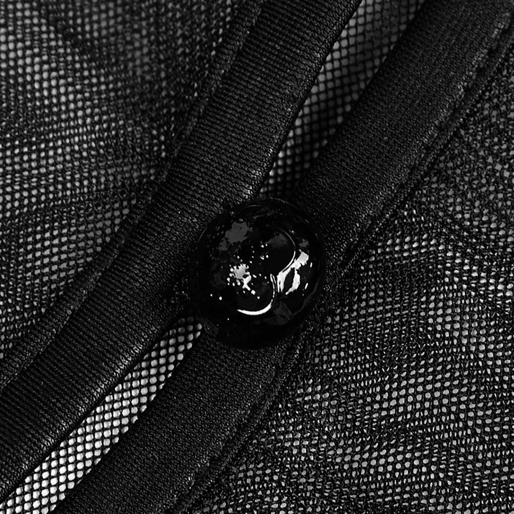 Close-up of elegant black lace fabric with glossy button detail, perfect for gothic fashion.