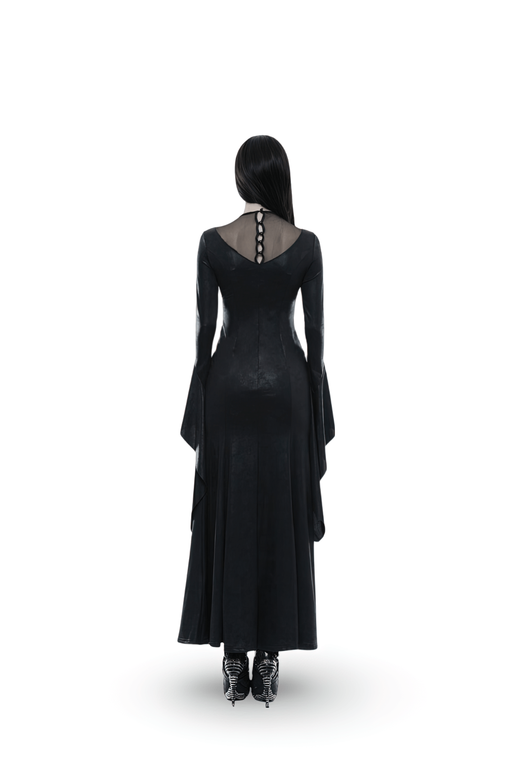 Back view of elegant black gothic mesh lace witch dress with dramatic sleeves and intricate back detail.
