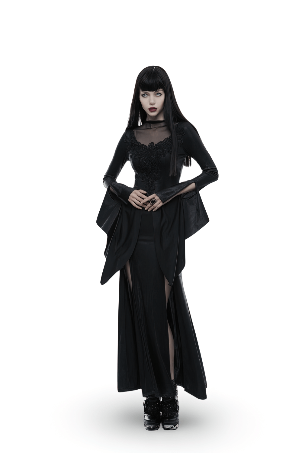 Elegant black gothic witch dress with lace details and high slit, perfect for a sultry, spooky look.