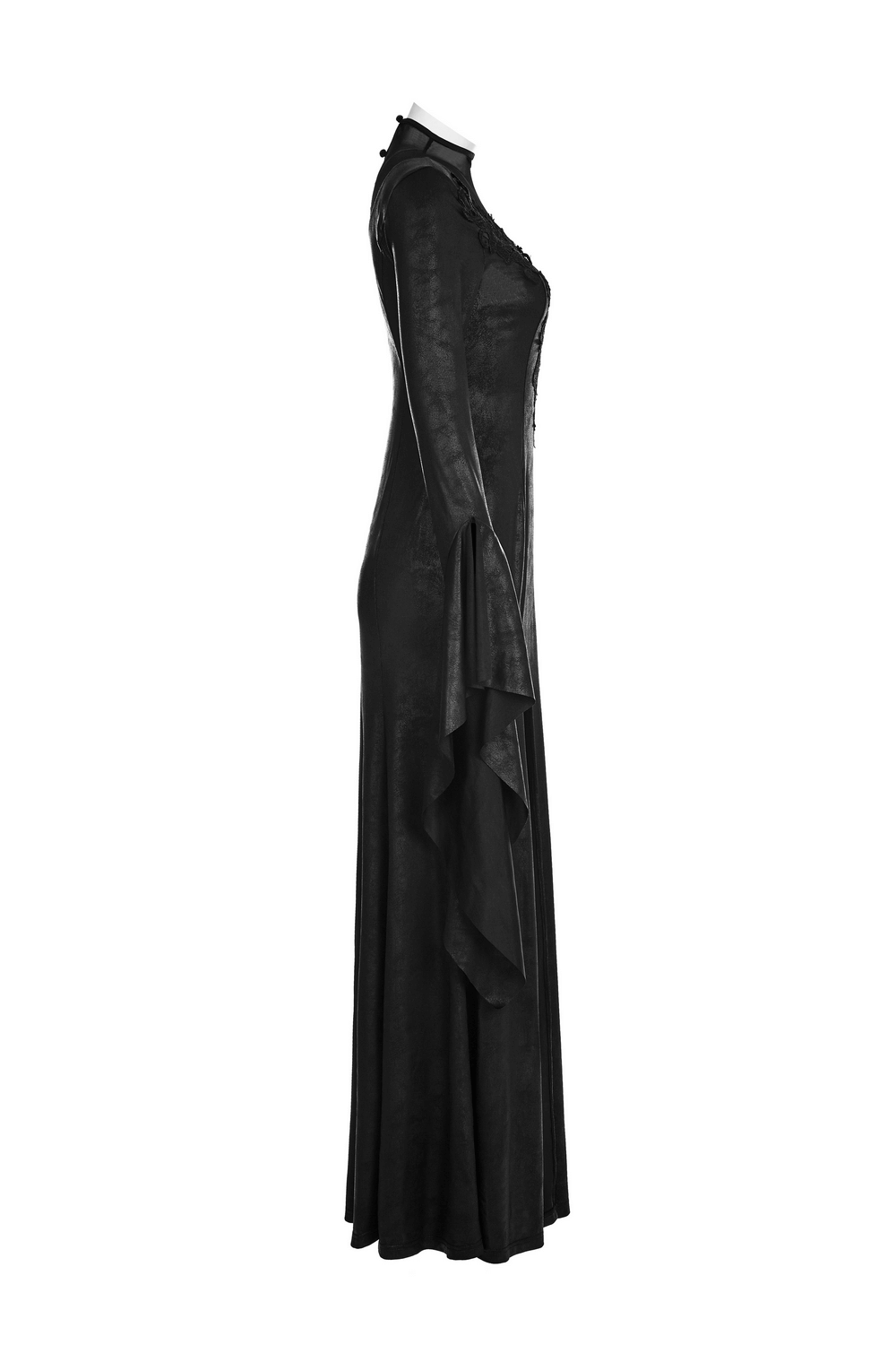 Side view of an elegant black gothic mesh lace high slit witch dress, showcasing its sultry silhouette and intricate details.