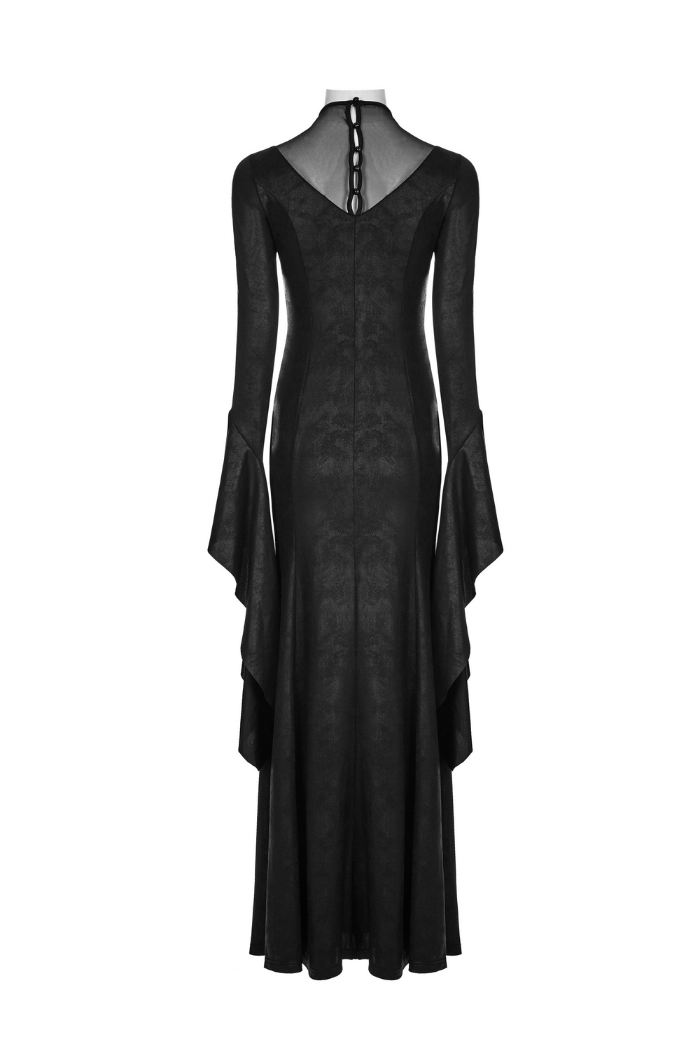 Back view of an elegant black gothic lace dress with bell sleeves and a high slit hem.