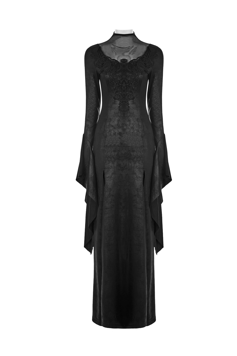 Elegant black gothic mesh lace witch dress with high slit and flowing sleeves for a spooky, sultry look.