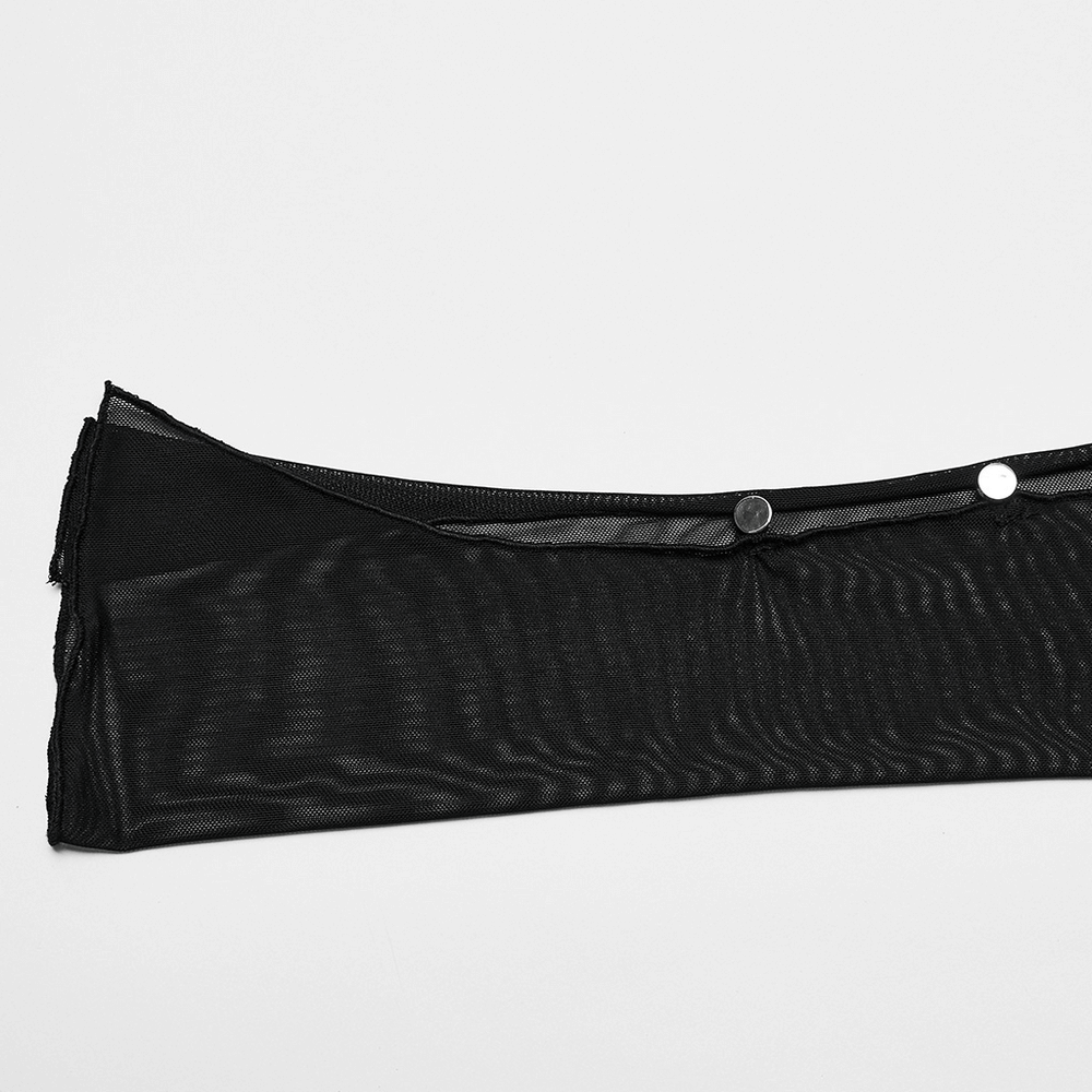 Close-up of the adjustable sleeve of an elegant black gothic mesh dress, showcasing its lightweight and transparent design.