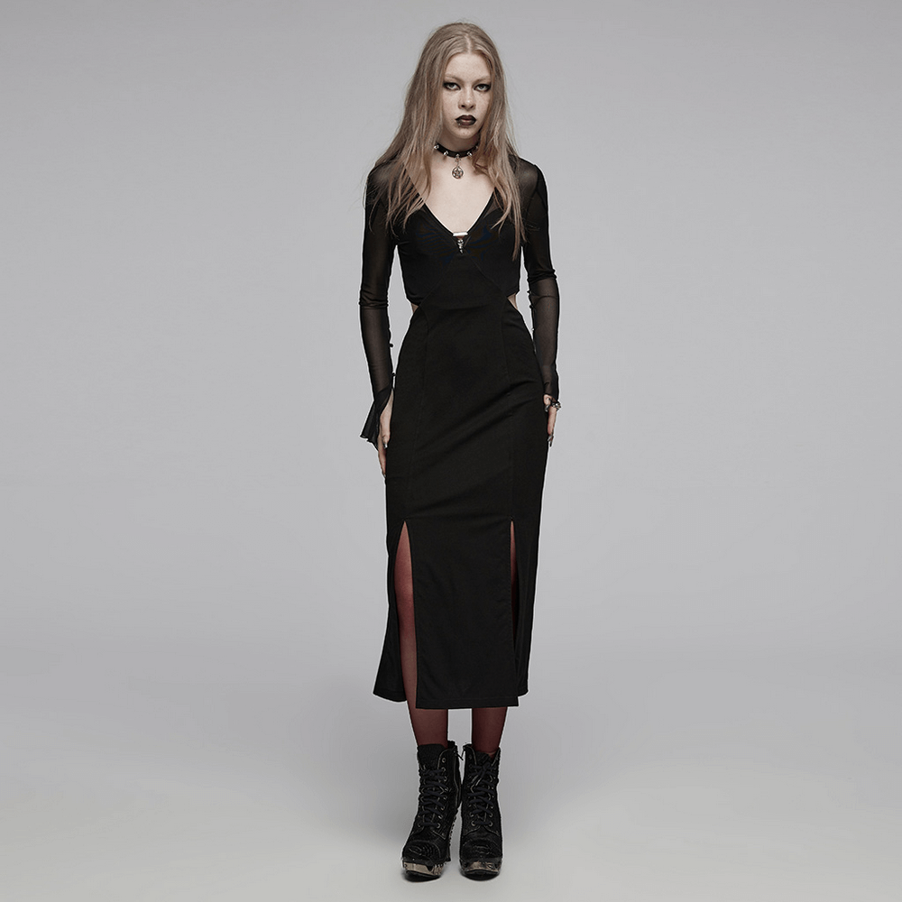 Elegant black Gothic mesh V-neck wrap dress with slits, featuring a minimalist design and dark allure.