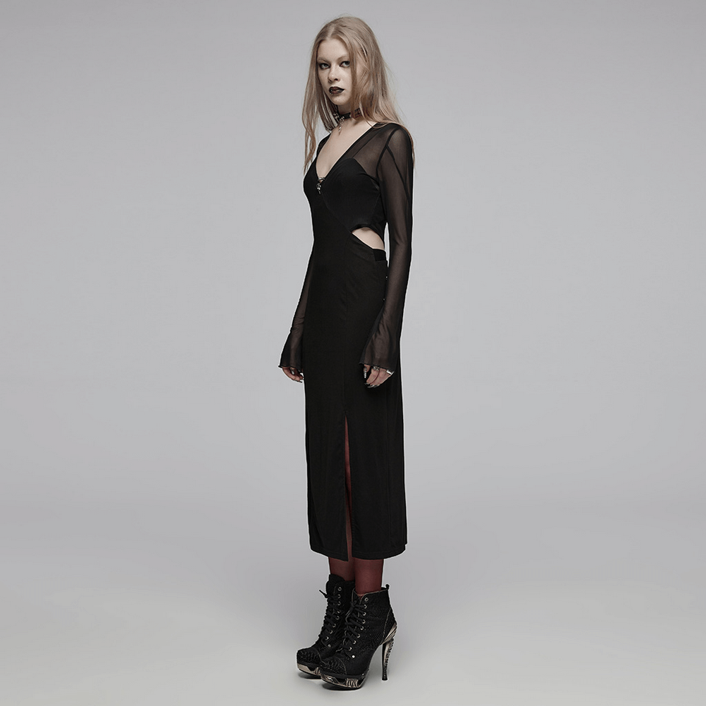 Elegant black gothic mesh V-neck wrap dress featuring slits and adjustable sleeves for a customizable fit.