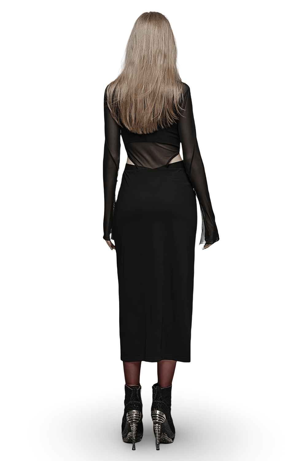 Back view of elegant black gothic mesh V-neck wrap dress with slits, showcasing adjustable sleeves and alluring silhouette.