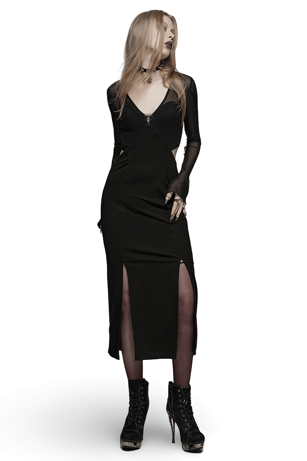 Elegant Black Gothic Mesh V-Neck Wrap Dress with Slits