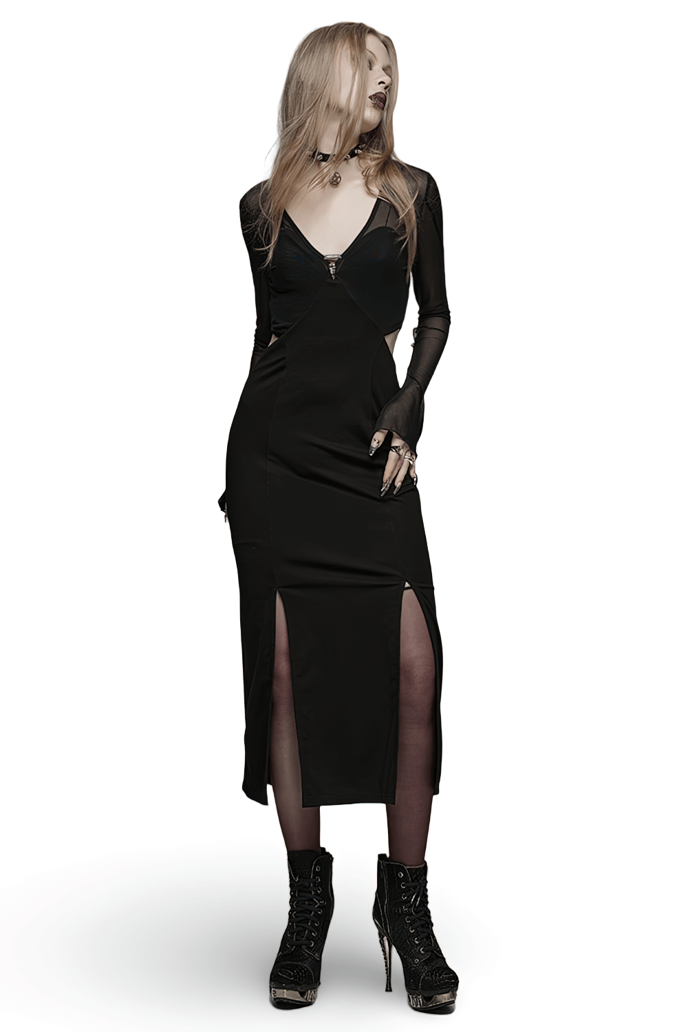 Elegant black gothic mesh V-neck wrap dress with slits, perfect for a punk-inspired look.