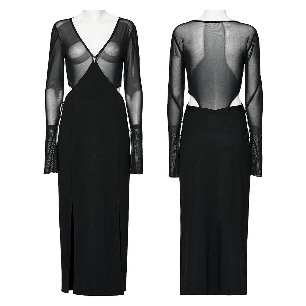 Elegant black gothic mesh V-neck wrap dress with slits, showcasing a minimalist yet edgy style.