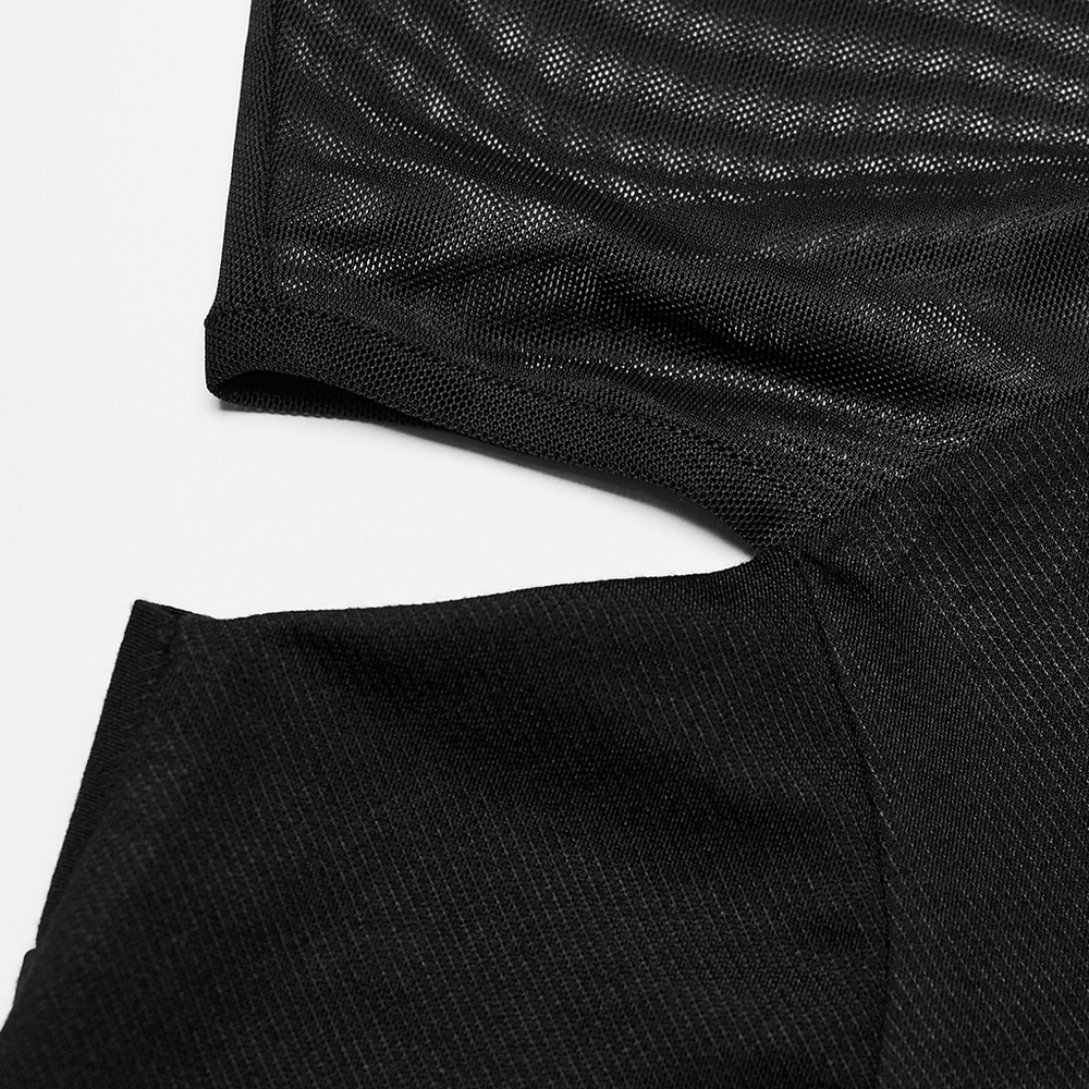 Close-up of elegant black gothic mesh fabric showcasing V-neck design and soft texture of a stylish dress.