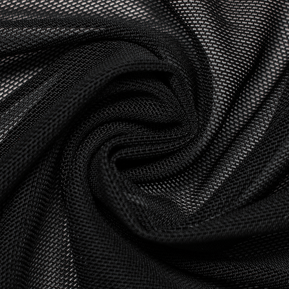 Close-up of elegant black mesh fabric showing intricate texture, perfect for gothic fashion and stylish garments.