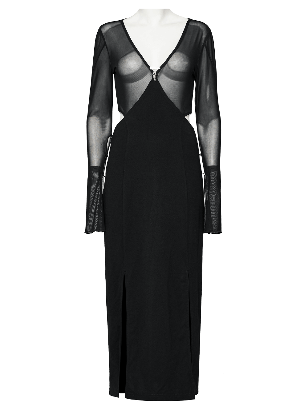 Elegant black gothic mesh V-neck wrap dress with slits and adjustable sleeves for a customizable fit.