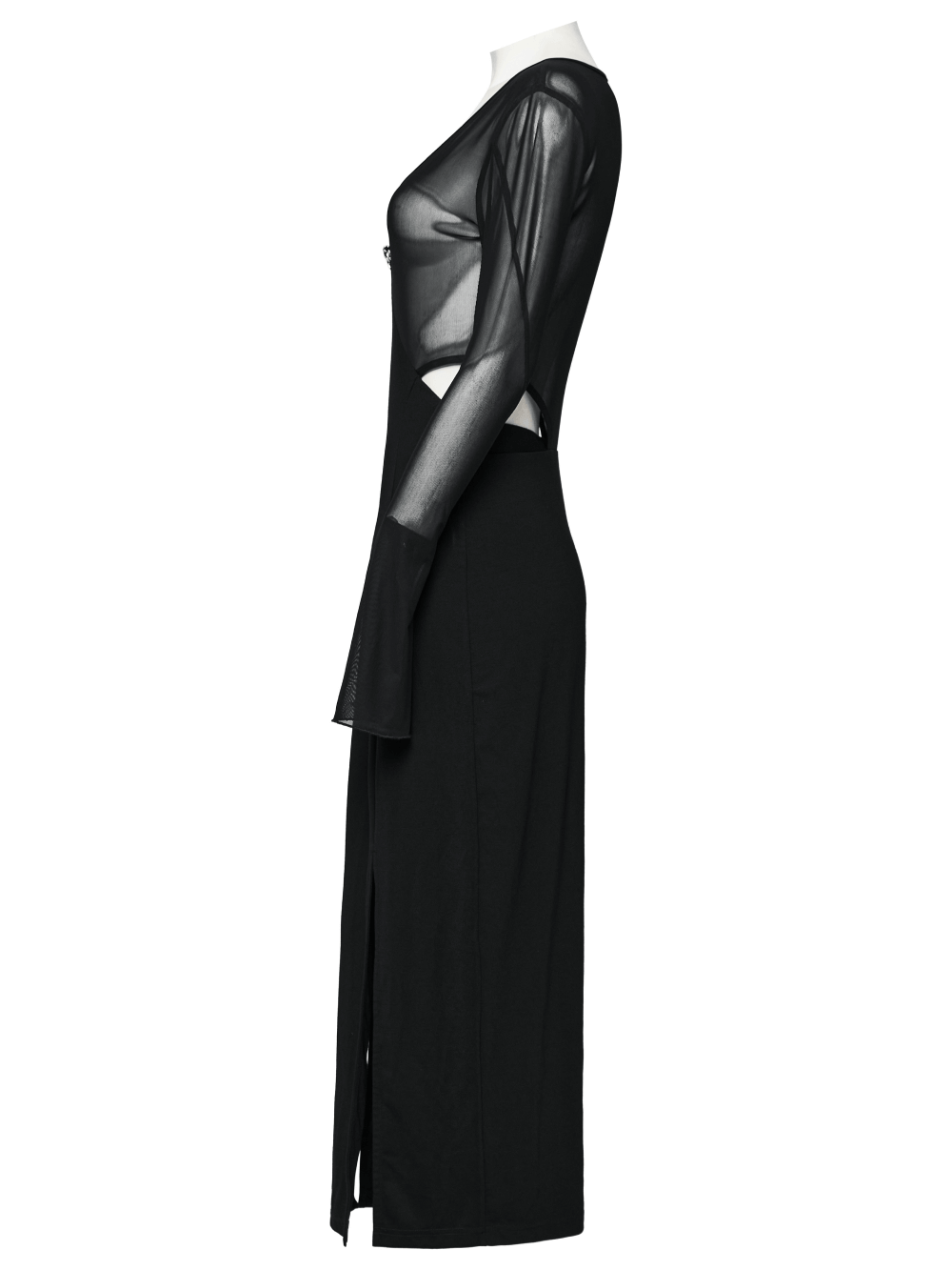Elegant black gothic mesh V-neck dress with slits, featuring a flattering wrap silhouette and adjustable sleeves.