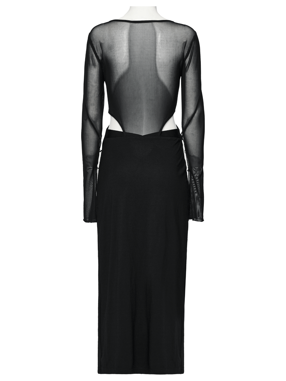 Back view of Elegant Black Gothic Mesh V-Neck Wrap Dress showcasing its alluring design and adjustable sleeves.