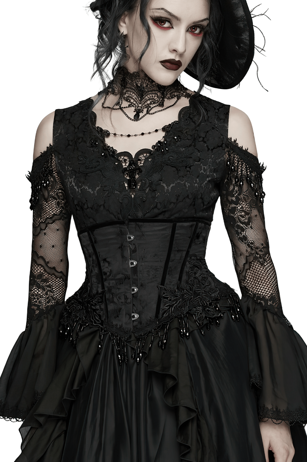 Alt Tag: Elegant Black Gothic Rose Lace-Up Underbust Corset on model with black lace sleeves, jacquard texture, rose appliqués and beaded fringe
