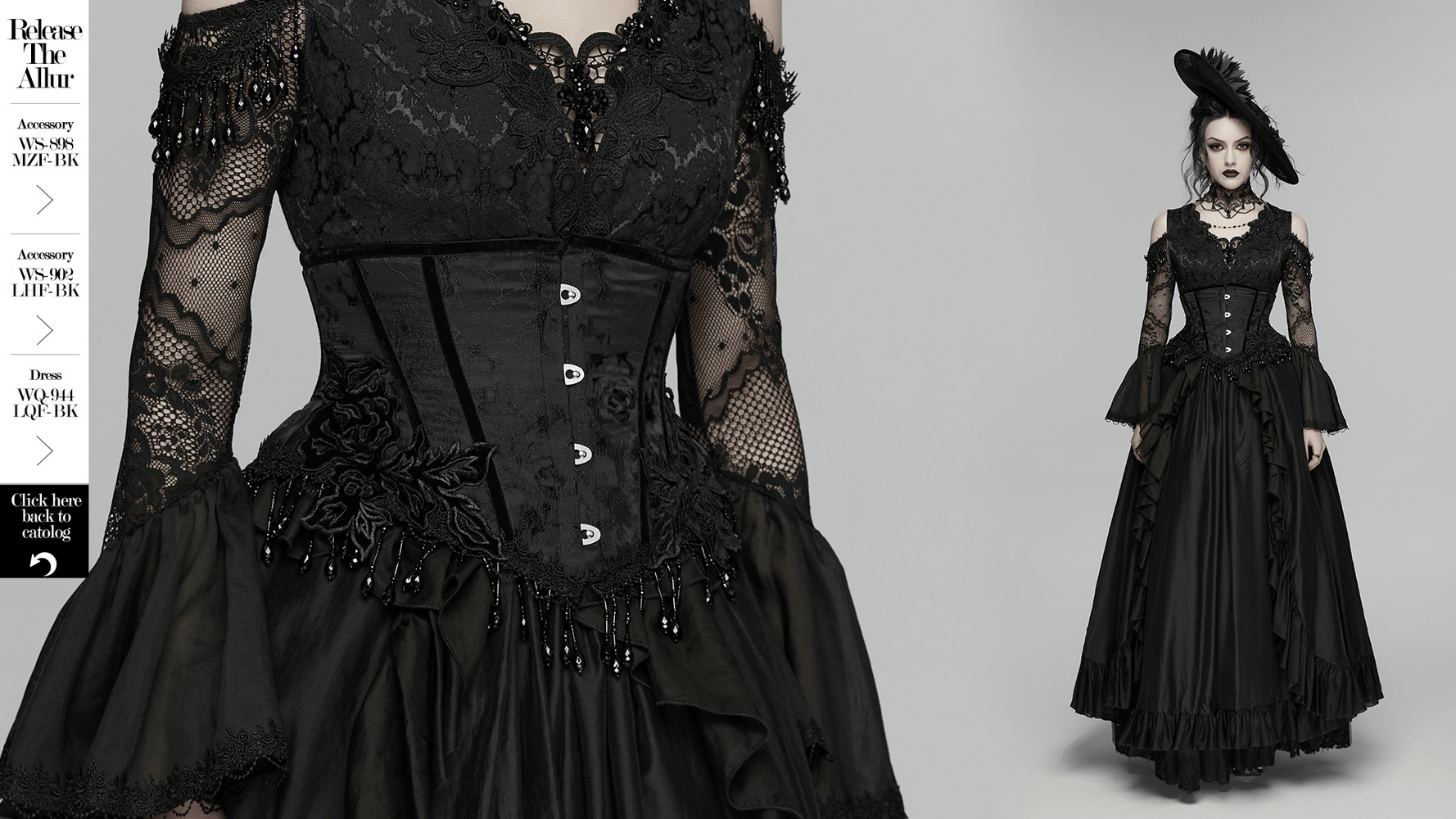 Alt Tag: Elegant Black Gothic Rose Lace-Up Underbust Corset on black lace gothic dress with beaded fringe and rose appliqués, cinched waist