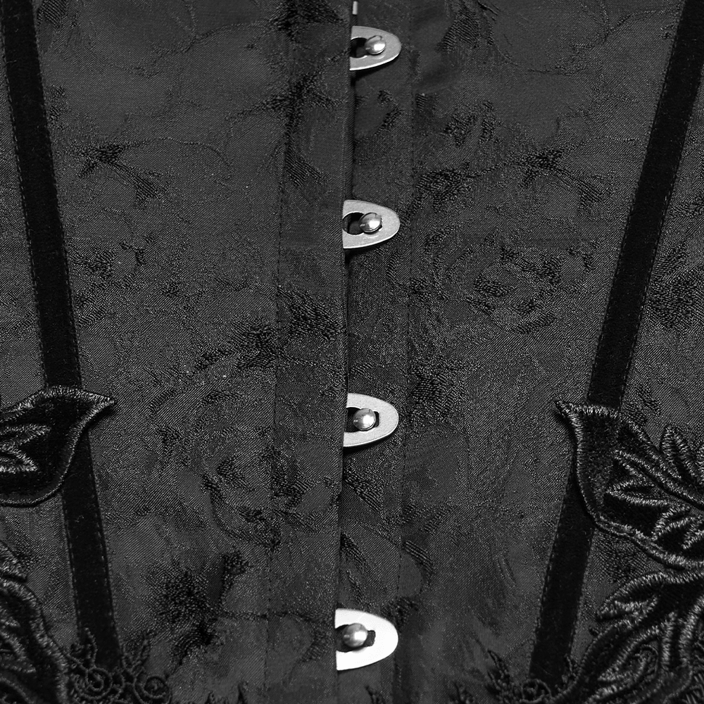 Alt Tag: Elegant Black Gothic Rose Lace-Up Underbust Corset close-up of black jacquard fabric with front clasps and rose appliqué details