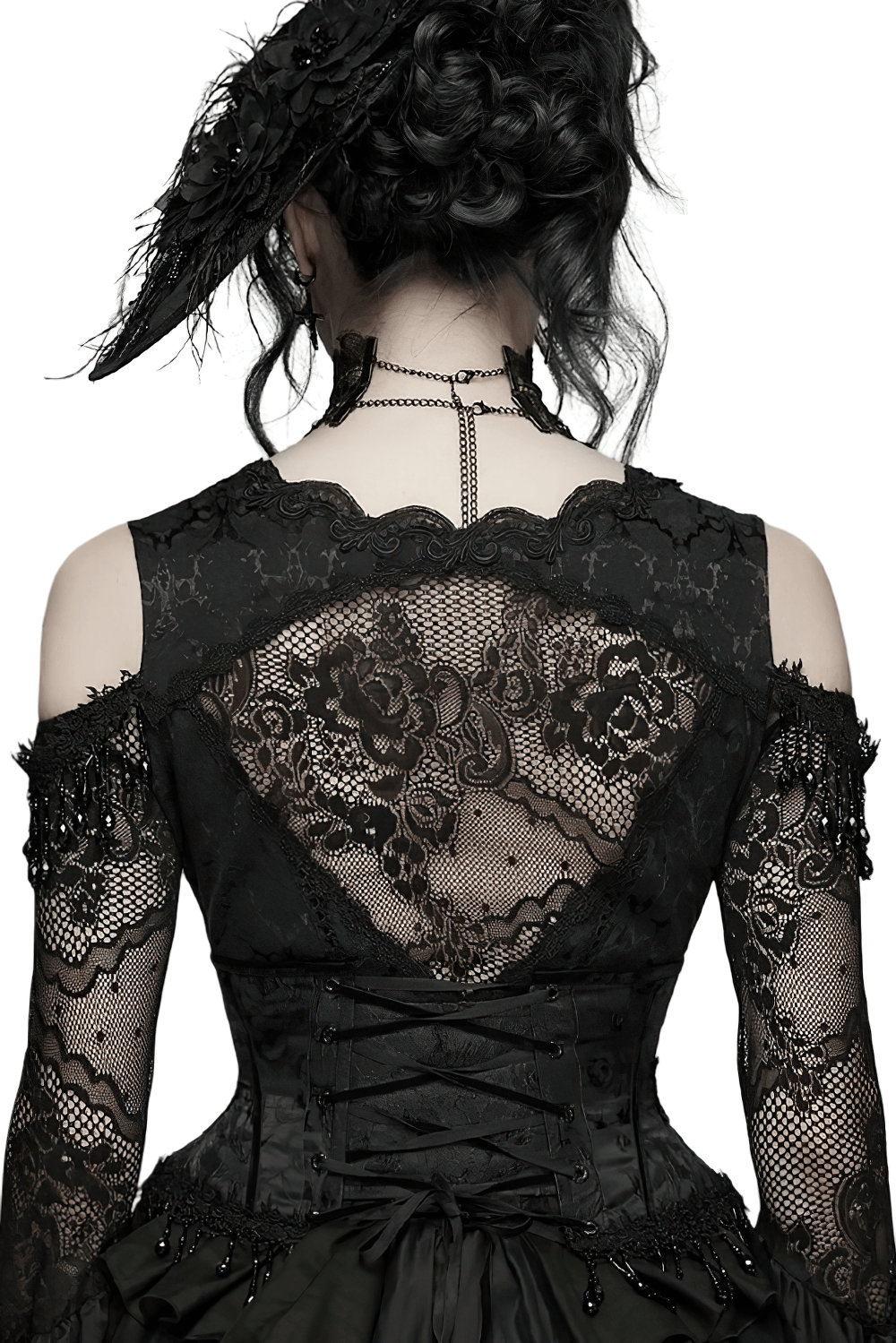 Alt Tag: Elegant Black Gothic Rose Lace-Up Underbust Corset paired with black lace gothic dress, back view, corset lacing detail